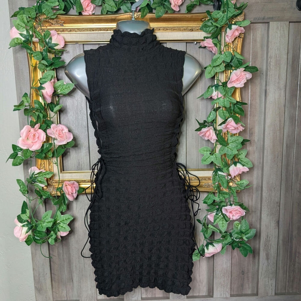 Black stretchy ruched bodycon dress with corset tie sides